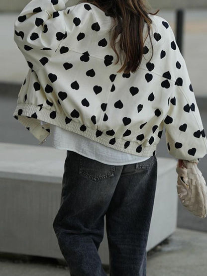 Heart Print Collared Neck Zip Up Jacket