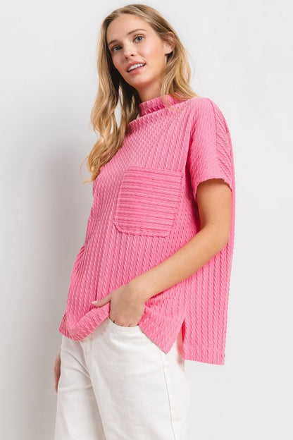 Ces Femme Texture Mock Neck Short Sleeve Knit Top