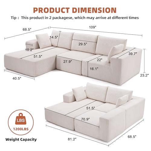 108” Modular Sectional Sofa, Cloud Sectional Couch with Deep Seat, Modern Modular L-Shape Sofa Couch with Chaise,Upholstered Couches for Living Room Bedroom (Black)