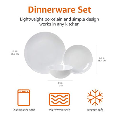 Amazon Basics 18 Pieces Dinnerware Sets, Dishes, Plates and Bowls, Service for 6, Swirl