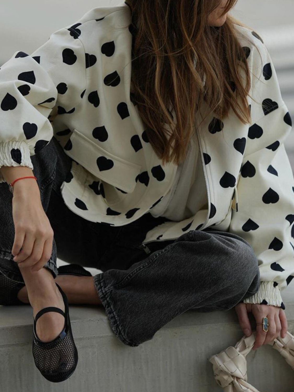 Heart Print Collared Neck Zip Up Jacket