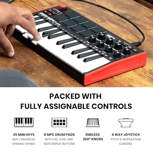 AKAI Professional MPK Mini MK3 - 25 Key USB MIDI Keyboard Controller With 8 Backlit Drum Pads, 8 Knobs and Music Production Software Included, White