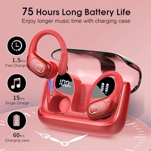 Wireless Earbuds 75hrs Bluetooth 5.4 Headphone Sport, 2025 Bluetooth Earbuds Stereo Deep Bass Over Ear Bud with Earhooks, ENC Noise Cancelling Mic, IPX7 Waterproof Earphone for Workout/Running