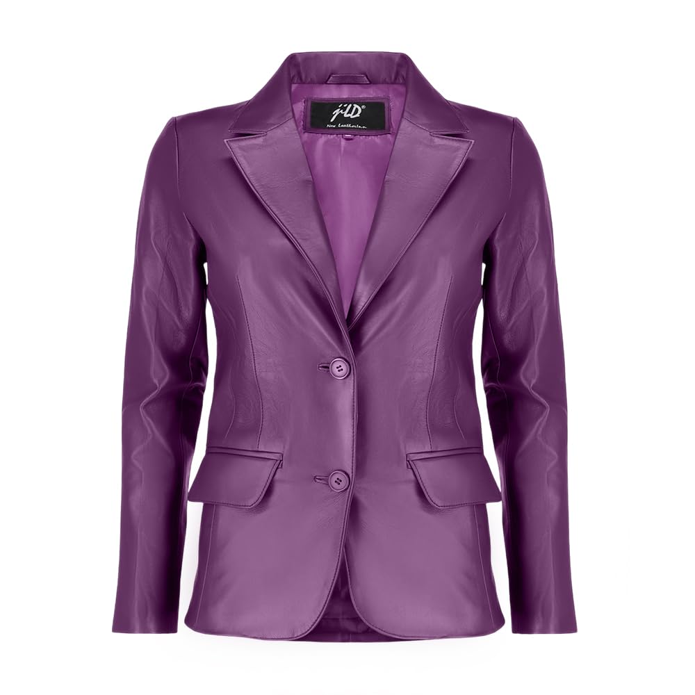 Jild Classic 2-Button Lambskin Leather Blazer Women - Casual Coat Long Sleeves Suit Style Leather Jacket Women