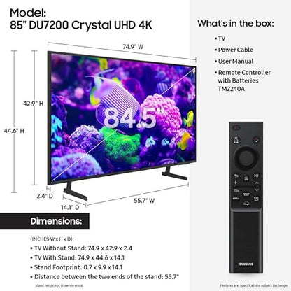 SAMSUNG 65-Inch Class Crystal UHD 4K DU7200 Series HDR Smart TV w/Object Tracking Sound Lite, PurColor, Motion Xcelerator, Mega Contrast, Q-Symphony (UN65DU7200, 2024 Model)