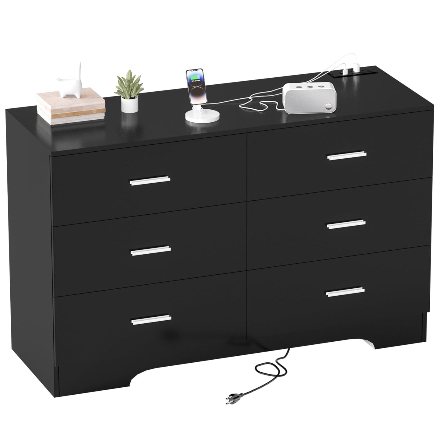 Dresser for Bedroom Black Dresser with Power Outlets Wood 6 Drawer Dresser with Large Organizer Tall Chest of Drawers Closet Modern Dresser for Bedroom Living Room Kids Room Hallway