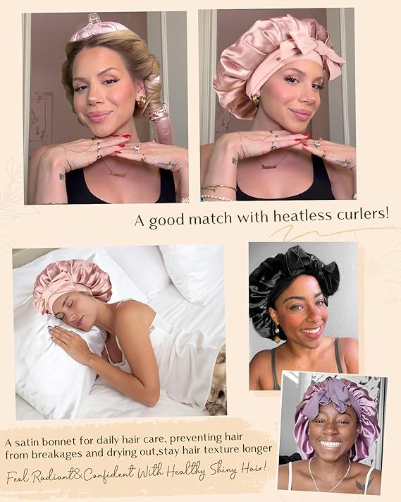 YANIBEST Silk Bonnet for Sleeping Women Satin Bonnet Double Layer Satin Lined Hair Bonnet with Tie Band Curly Hair