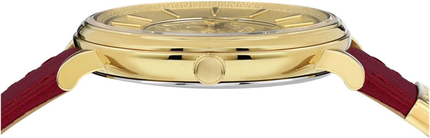 Versace V-Circle Collection Luxury Women's Watch Timepiece with a Burgundy Strap Featuring a Gold Case and Gold Dial