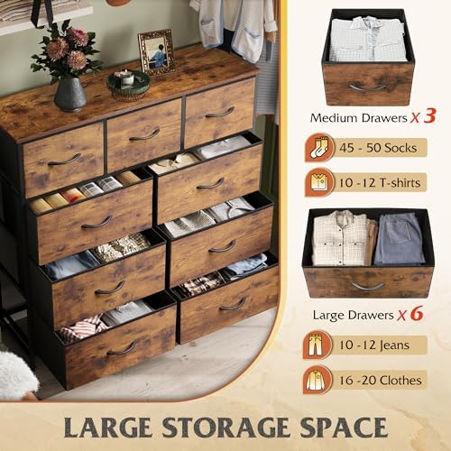 WLIVE 9-Drawer Dresser, Fabric Storage Tower for Bedroom, Hallway, Entryway, Closet, Tall Chest Organizer Unit with Fabric Bins, Steel Frame, Wood Top, Easy Pull Handle, Rustic Brown Wood Grain Print