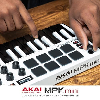 AKAI Professional MPK Mini MK3 - 25 Key USB MIDI Keyboard Controller With 8 Backlit Drum Pads, 8 Knobs and Music Production Software Included, White