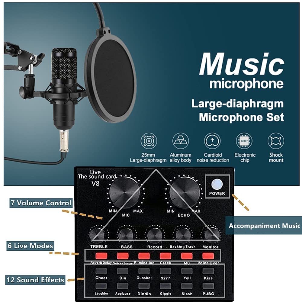 Podcast Equipment Bundle, BM-800 Recording Studio Package with Voice Changer, Live Sound Card - Audio Interface for Laptop Computer Vlog Living Broadcast Live Streaming YouTube TikTok (AM100-V8)