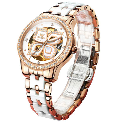 OLEVS Women's Automatic Watch, Premium Large Face Diamond Accented Self Winding Watches for Women, Fashion Waterproof Ladies Dress Watch, Two Tone Stainless Steel Ceramic Bracelet