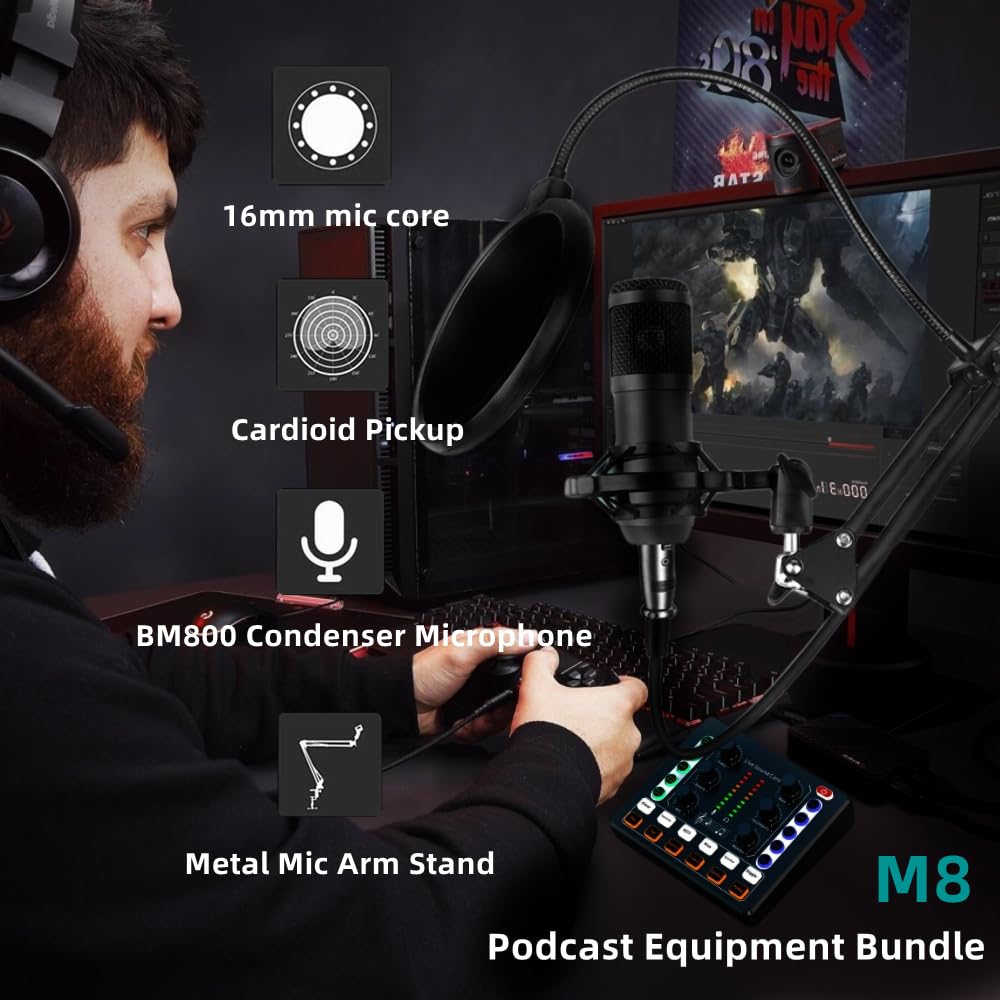 Podcast Equipment Bundle, BM-800 Recording Studio Package with Voice Changer, Live Sound Card - Audio Interface for Laptop Computer Vlog Living Broadcast Live Streaming YouTube TikTok (AM100-V8)