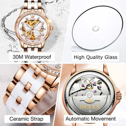 OLEVS Women's Automatic Watch, Premium Large Face Diamond Accented Self Winding Watches for Women, Fashion Waterproof Ladies Dress Watch, Two Tone Stainless Steel Ceramic Bracelet