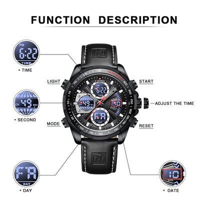 NAVIFORCE Men's Military Digital Watches Analog Quartz Waterproof Watch Sport Multifunctional Leather Wristwatch