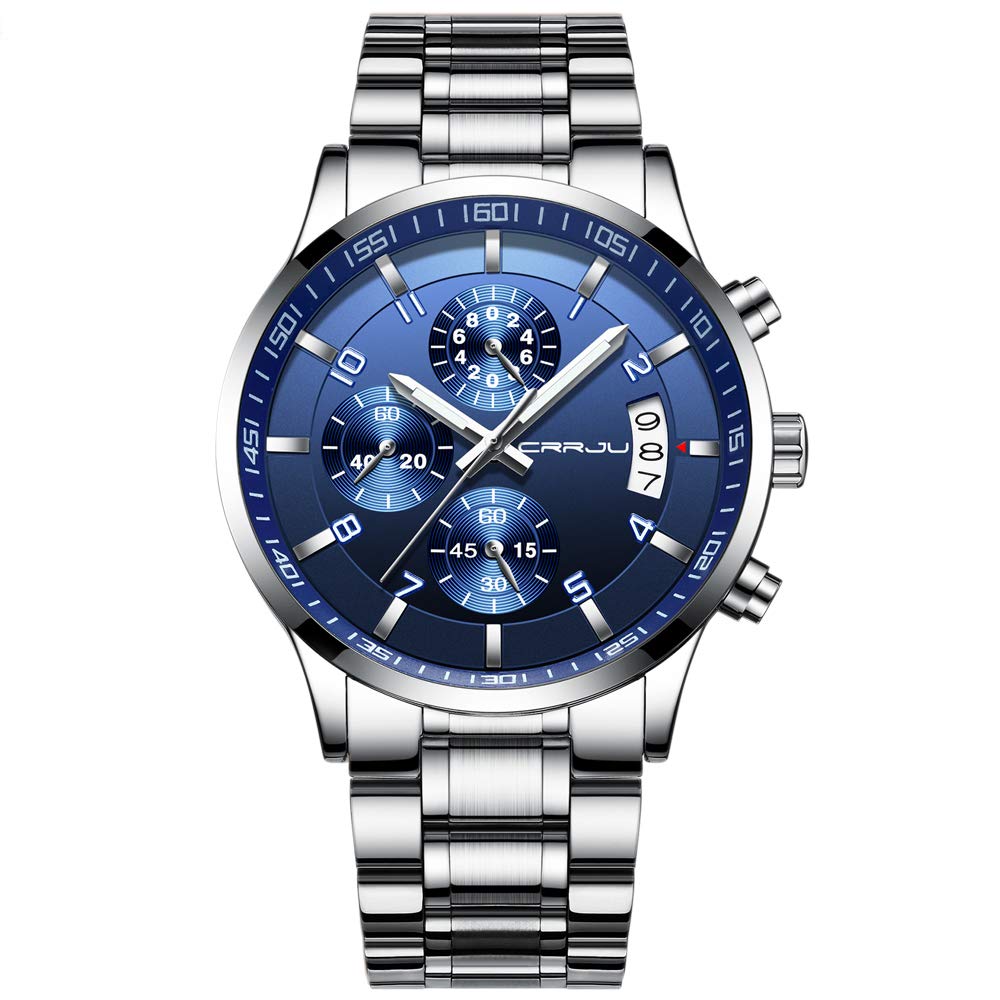 CRRJU Men's Fashion Stainless Steel Watches Date Waterproof Chronograph Wrist watches,Stainsteel Steel Band Waterproof Watch