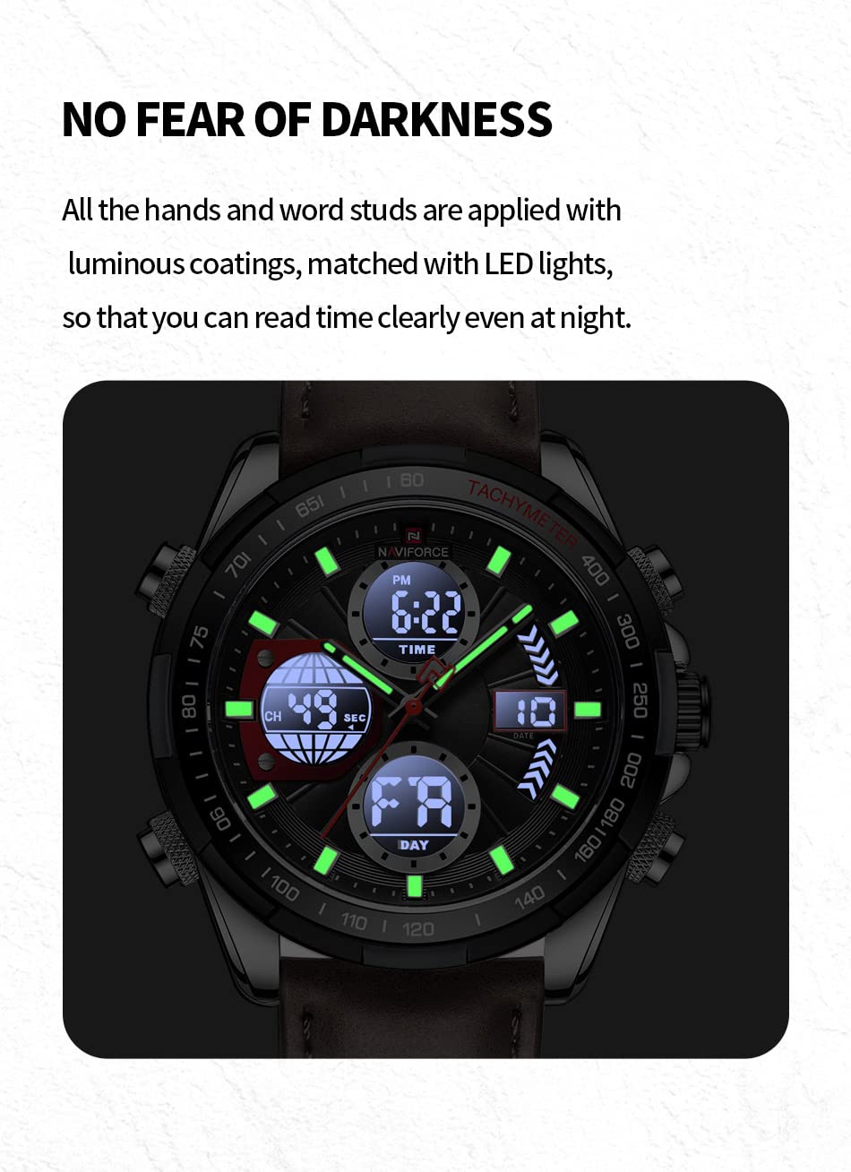 NAVIFORCE Men's Military Digital Watches Analog Quartz Waterproof Watch Sport Multifunctional Leather Wristwatch