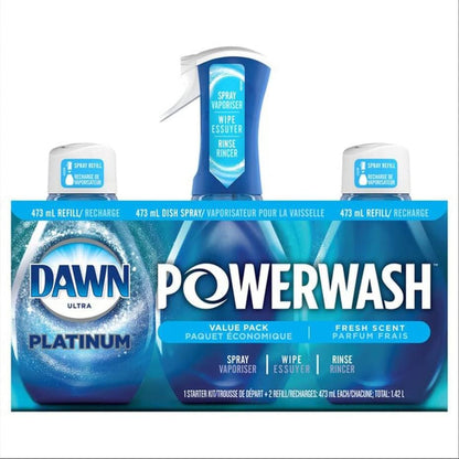 Dawn Platinum Powerwash Dish Spray, Dish Soap Liquid, Fresh Scent Bundle, 1 Spray (16oz) + 3 Refills (16oz each)(Pack of 4)