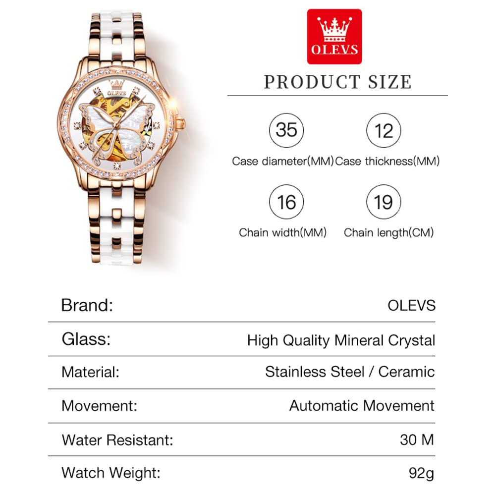 OLEVS Women's Automatic Watch, Premium Large Face Diamond Accented Self Winding Watches for Women, Fashion Waterproof Ladies Dress Watch, Two Tone Stainless Steel Ceramic Bracelet