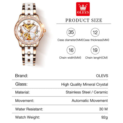 OLEVS Women's Automatic Watch, Premium Large Face Diamond Accented Self Winding Watches for Women, Fashion Waterproof Ladies Dress Watch, Two Tone Stainless Steel Ceramic Bracelet