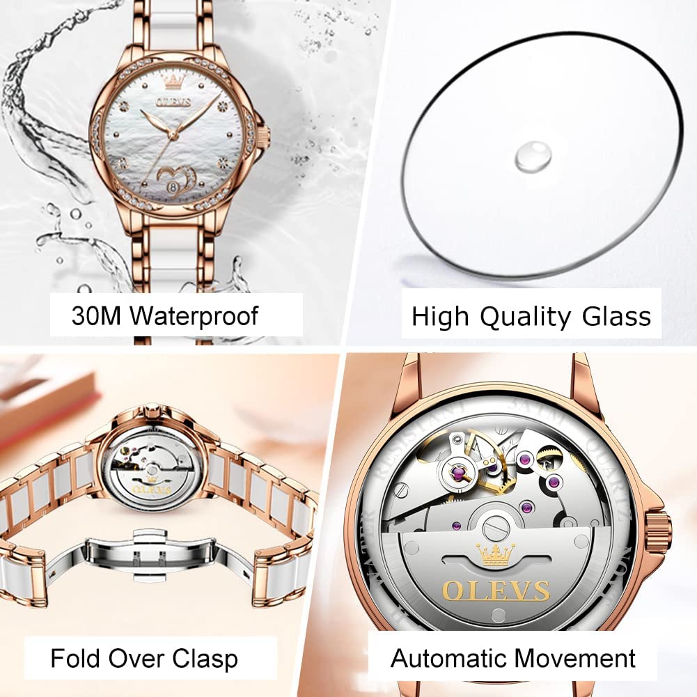 OLEVS Women's Automatic Watch, Premium Large Face Diamond Accented Self Winding Watches for Women, Fashion Waterproof Ladies Dress Watch, Two Tone Stainless Steel Ceramic Bracelet