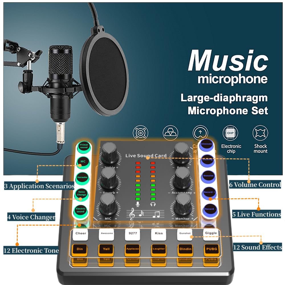 Podcast Equipment Bundle, BM-800 Recording Studio Package with Voice Changer, Live Sound Card - Audio Interface for Laptop Computer Vlog Living Broadcast Live Streaming YouTube TikTok (AM100-V8)