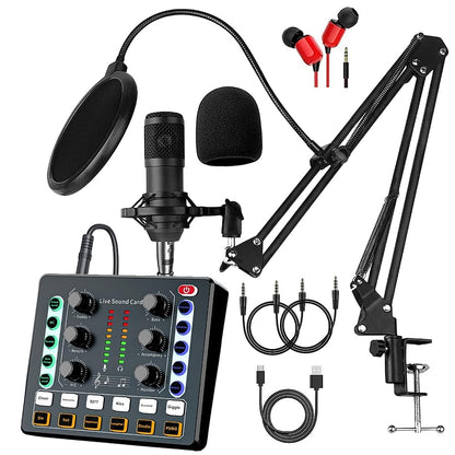 Podcast Equipment Bundle, BM-800 Recording Studio Package with Voice Changer, Live Sound Card - Audio Interface for Laptop Computer Vlog Living Broadcast Live Streaming YouTube TikTok (AM100-V8)