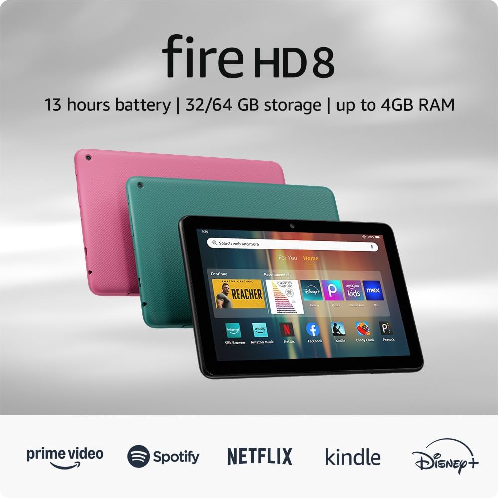 New Amazon Fire HD 8 tablet, 8” HD Display, 3GB memory, 32GB, designed for portable entertainment, Black, (2024 release)