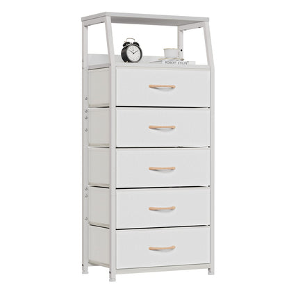 Furnulem White Dresser with 5 Drawers, Vertical Storage Tower Fabric Dresser for Bedroom, Hallway, Entryway, Nursery, Closet Organizer, Nightstand Bedside Table Furniture, Sturdy Steel Frame, Wood Top