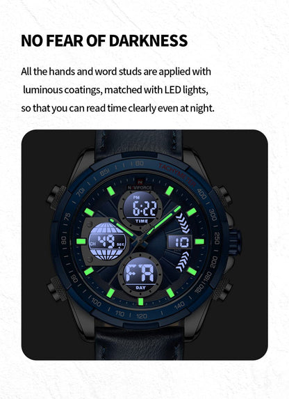 NAVIFORCE Men's Military Digital Watches Analog Quartz Waterproof Watch Sport Multifunctional Leather Wristwatch