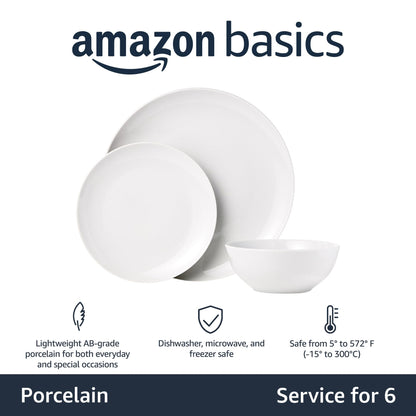 Amazon Basics 18 Pieces Dinnerware Sets, Dishes, Plates and Bowls, Service for 6, Swirl