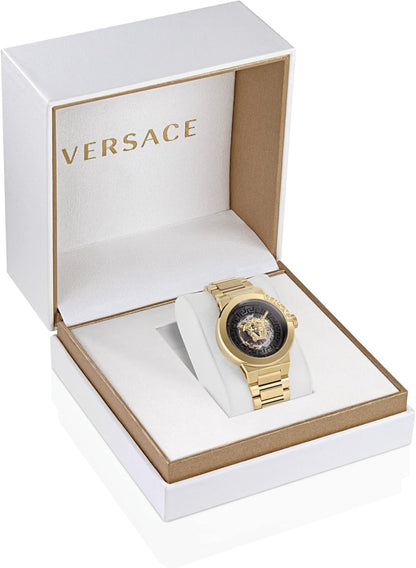 Versace Medusa Infinite Collection Luxury Women's Watch Timepiece with a Gold Bracelet Featuring a Gold Case and Black Dial