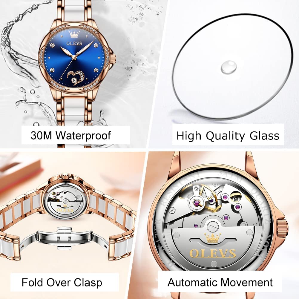 OLEVS Women's Automatic Watch, Premium Large Face Diamond Accented Self Winding Watches for Women, Fashion Waterproof Ladies Dress Watch, Two Tone Stainless Steel Ceramic Bracelet