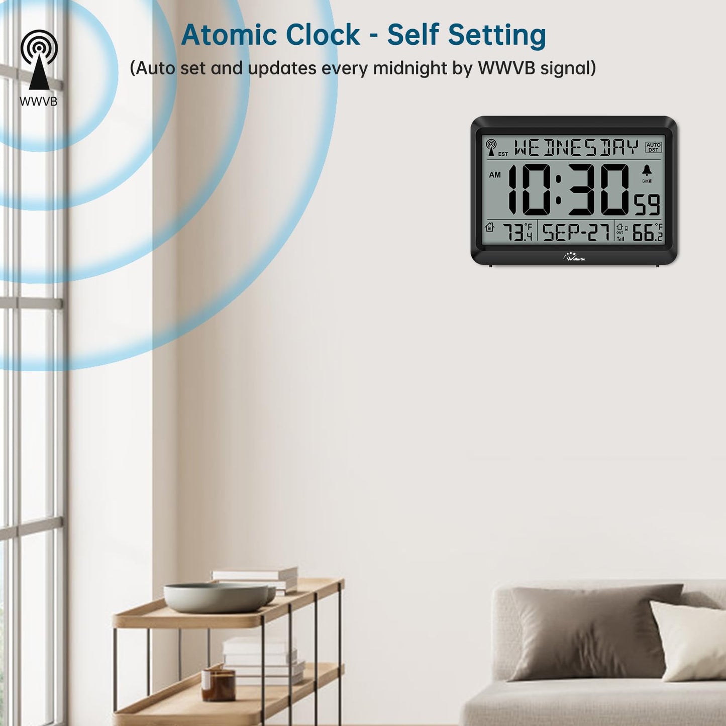 WallarGe Atomic Clock with Outdoor and Indoor Temperature - 12.5 Inch Self-Setting Digital Clock Large Display, Battery Operated Wall Clocks or Desk Clocks for Bedroom, Livingroom, Office