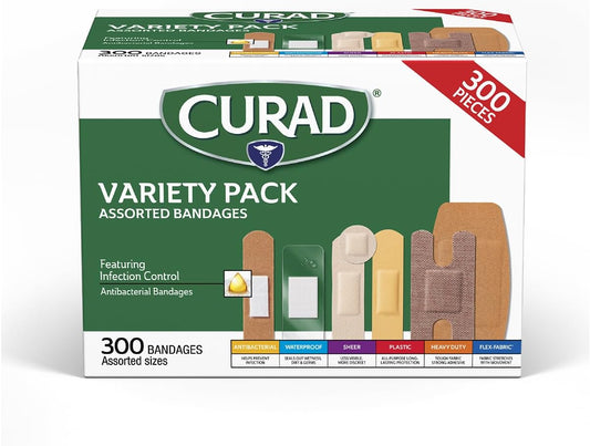 CURAD Assorted Bandages Variety Pack, 6 Styles Including Antibacterial, Waterproof, Sheer, Plastic, Heavy Duty & Flex-Fabric, Protects Scrapes, Cuts & Burns, Latex-Free, 300 Count