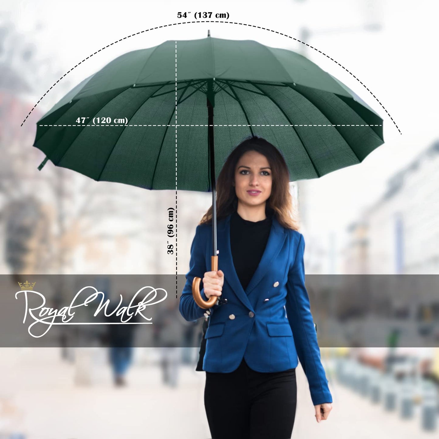 Royal Walk Windproof Large Umbrella for Rain 54 Inch Automatic Open for 2 Persons Wind Resistant Big Golf Umbrellas for Adult Men Women Classic Wooden Handle Fast Drying Strong 16 Ribs Travel 120cm