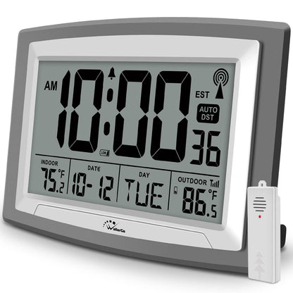 WallarGe Atomic Clock with Outdoor and Indoor Temperature - 12.5 Inch Self-Setting Digital Clock Large Display, Battery Operated Wall Clocks or Desk Clocks for Bedroom, Livingroom, Office