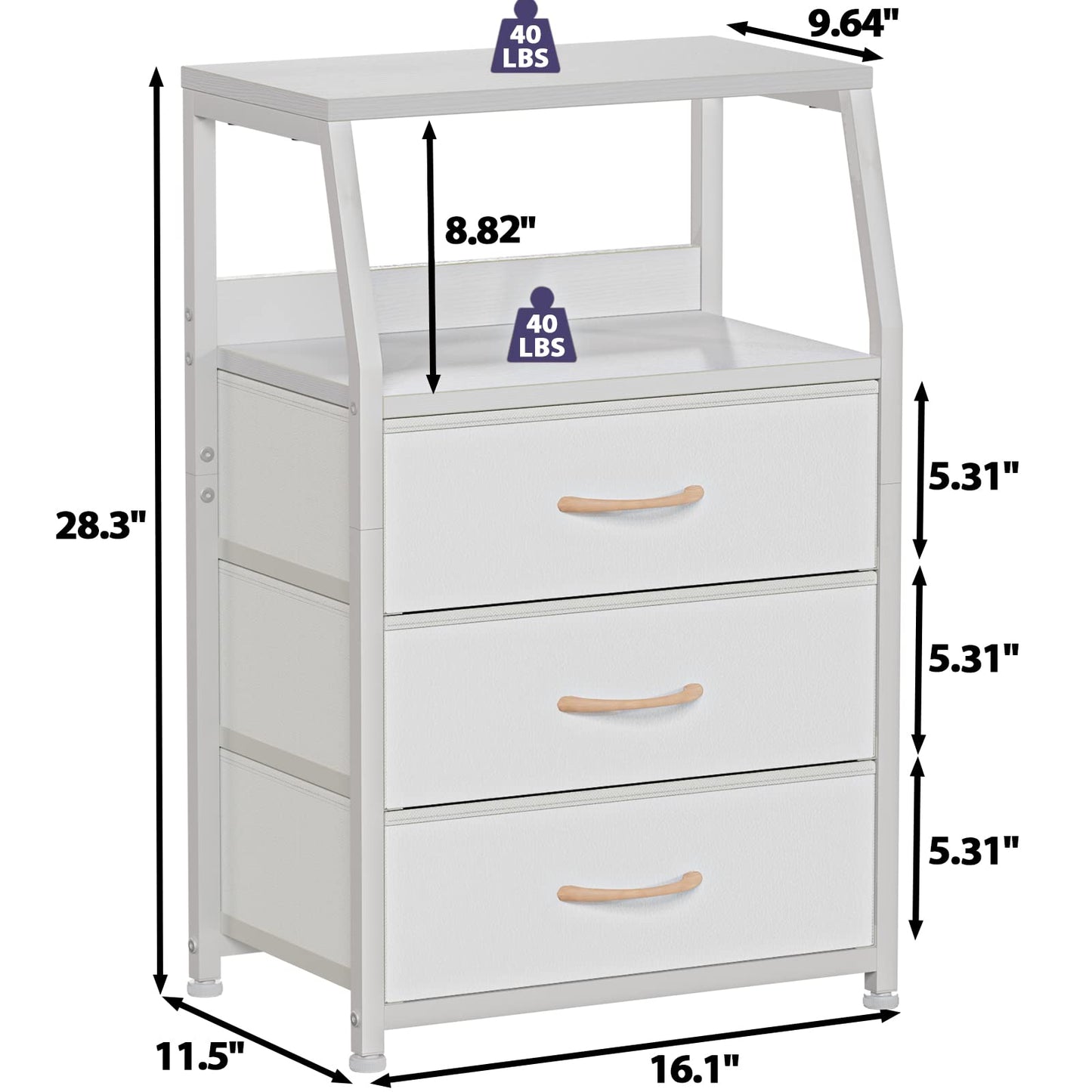 Furnulem White Dresser with 5 Drawers, Vertical Storage Tower Fabric Dresser for Bedroom, Hallway, Entryway, Nursery, Closet Organizer, Nightstand Bedside Table Furniture, Sturdy Steel Frame, Wood Top