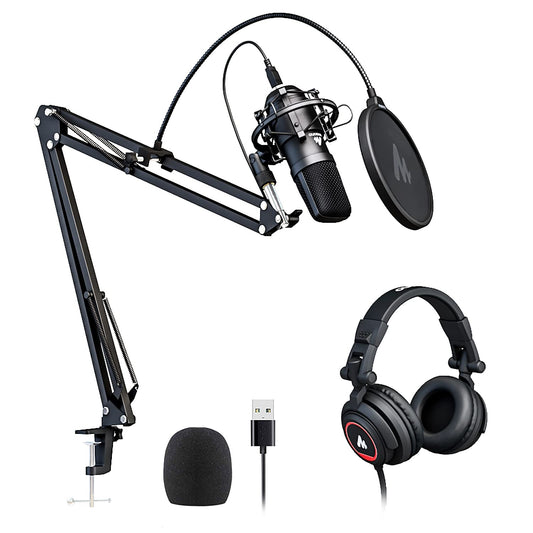 MAONO Microphone with Studio Headphone Set 192kHz/24bit Vocal Condenser Cardioid Podcast Mic Compatible with Mac and Windows, YouTube, Gaming, Live Streaming, Voice-Over (AU-A04H)