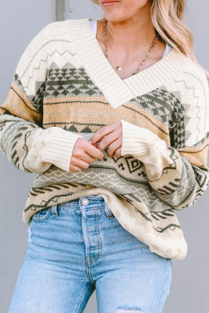 Geometric V-Neck Dropped Shoulder Sweater