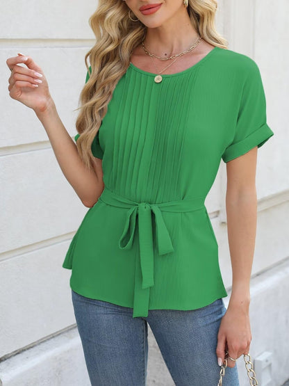 Tie Waist Round Neck Short Sleeve Blouse