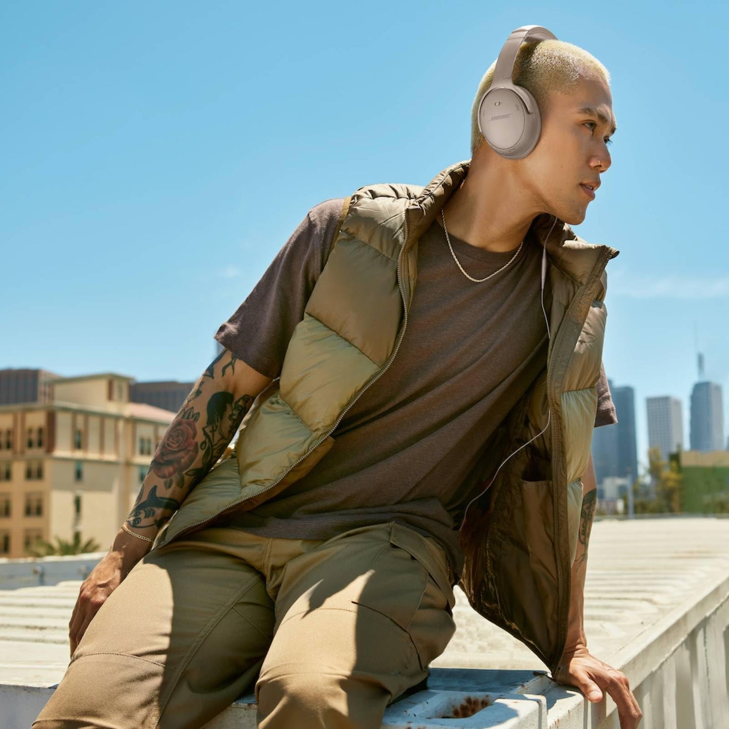 Bose QuietComfort Bluetooth Headphones, Wireless Headphones with Active Over Ear Noise Cancelling and Mic, Deep Bass, Up to 24 Hours of Playtime, Sandstone