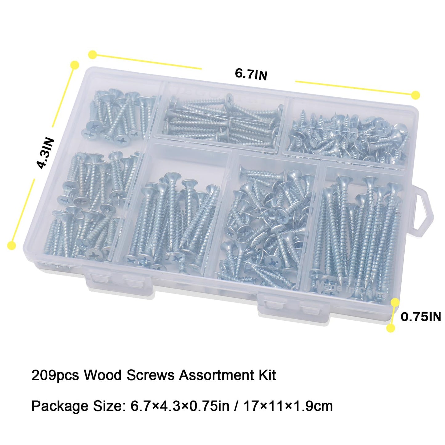 High Hardness Wood Screws Assortment Kit, 209 pcs, Phillips Drive Flat Head, Wood Screws, Screws, Drywall Screws, Assorted Screws, Screws Set, 6 Sizes (2”,1-1/2”,1-1/4”,1”,3/4”,1/2”)