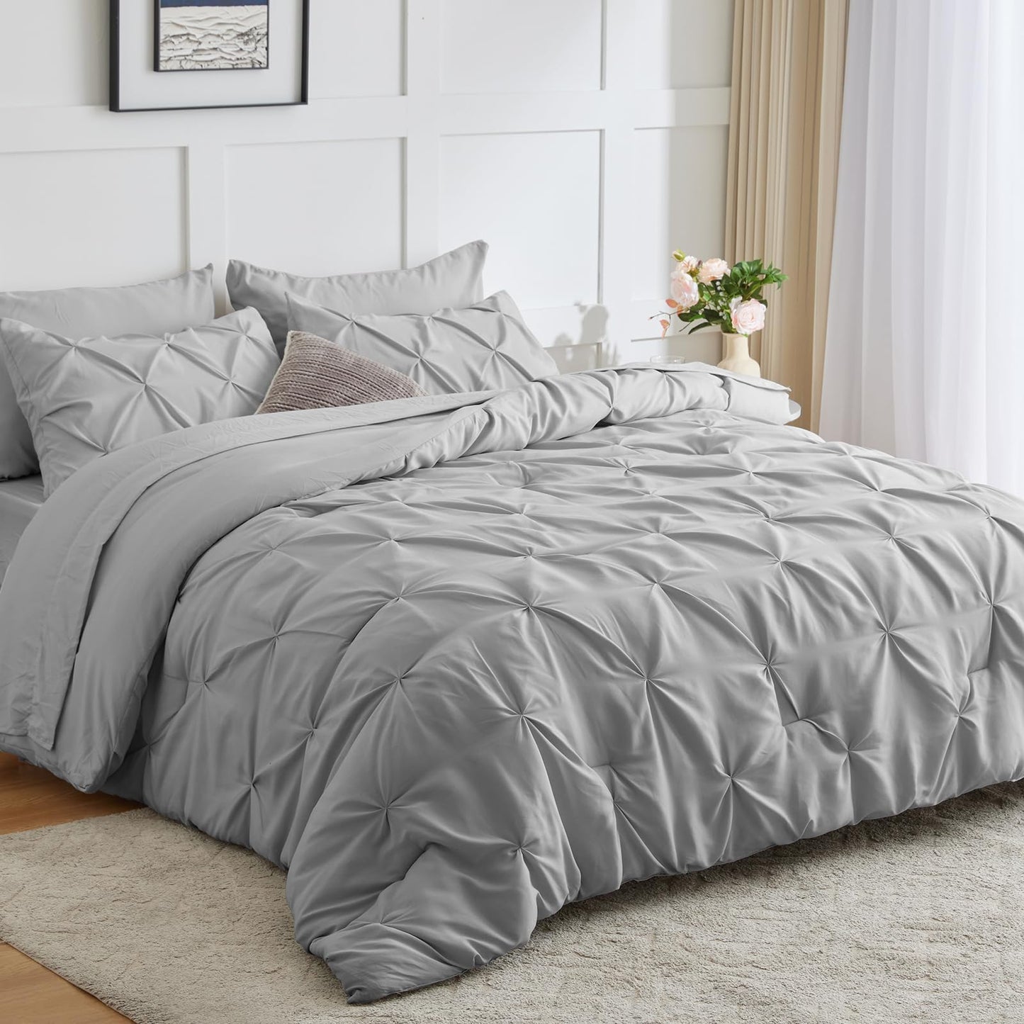 CozyLux Queen Comforter Set 7 Pieces Bed in A Bag Black Comforters Queen Size Bed Set Pintuck Pinch Pleat Complete Bedding Sets with Comforter, Flat Sheet, Fitted Sheet and Pillowcases & Shams