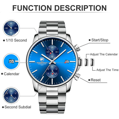 GOLDEN HOUR Fashion Businessmen's Watches with Stainless Steel Waterproof Chronograph Quartz Watch for Men, Auto Date