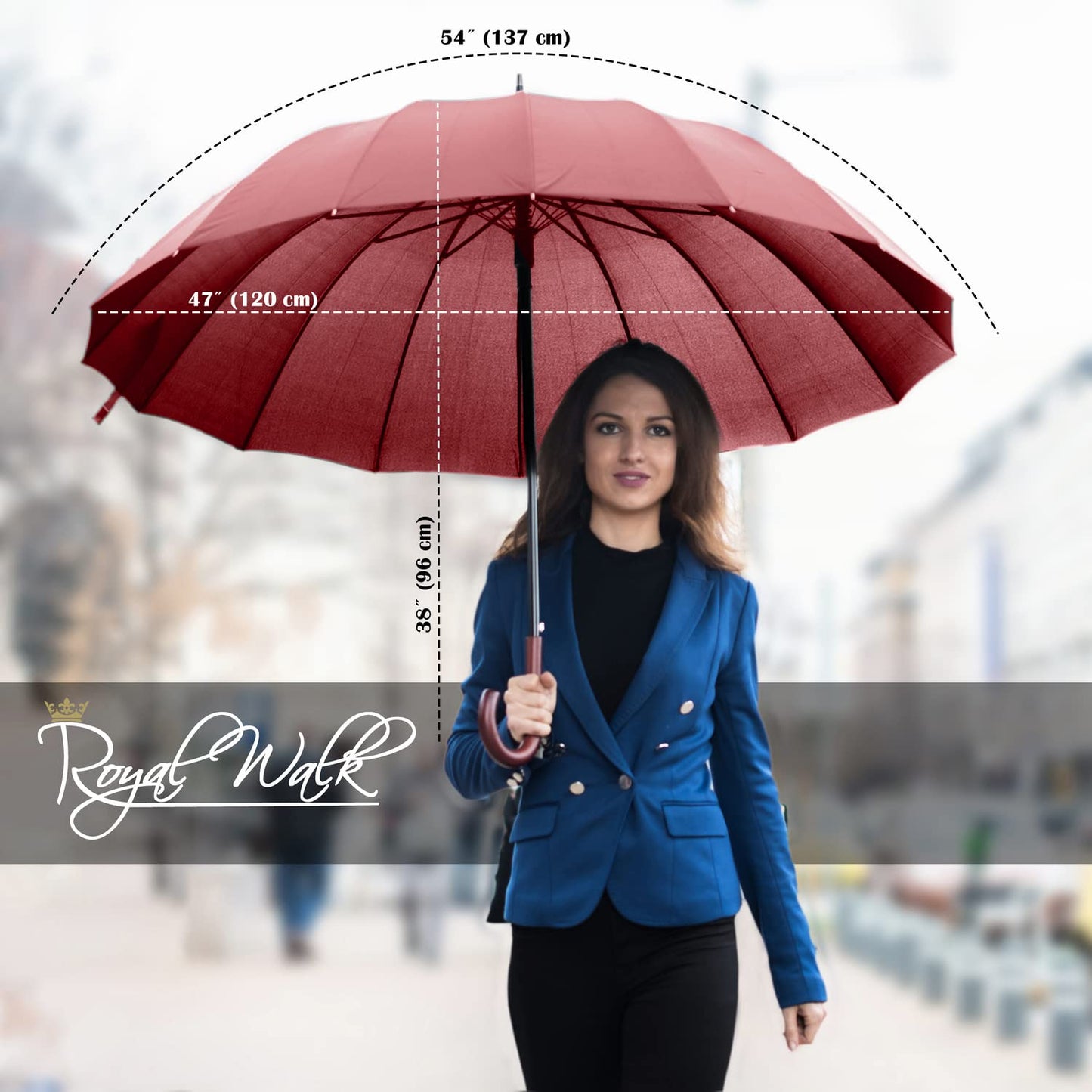 Royal Walk Windproof Large Umbrella for Rain 54 Inch Automatic Open for 2 Persons Wind Resistant Big Golf Umbrellas for Adult Men Women Classic Wooden Handle Fast Drying Strong 16 Ribs Travel 120cm