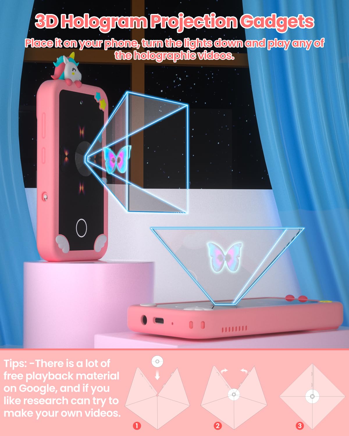 Kids Smart Phone for Girls with 4.0" Large Touchscreen, 32G Card Christmas Birthday Gifts for Age 3-10 Kid Toys Cell Phone with Holographic Pyramid, Toddler Learning Toy, Dual Lens, Music Player(Pink)