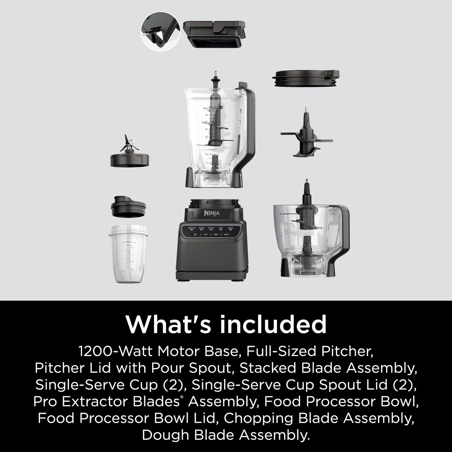 Ninja BL770 Mega Kitchen System, 1500W, 4 Functions for Smoothies, Processing, Dough, Drinks & More, with 72 Blender Pitcher, 64 Processor Bowl, (2) 16-oz. to-Go, Black, with 2 Nutri Cups + Lids