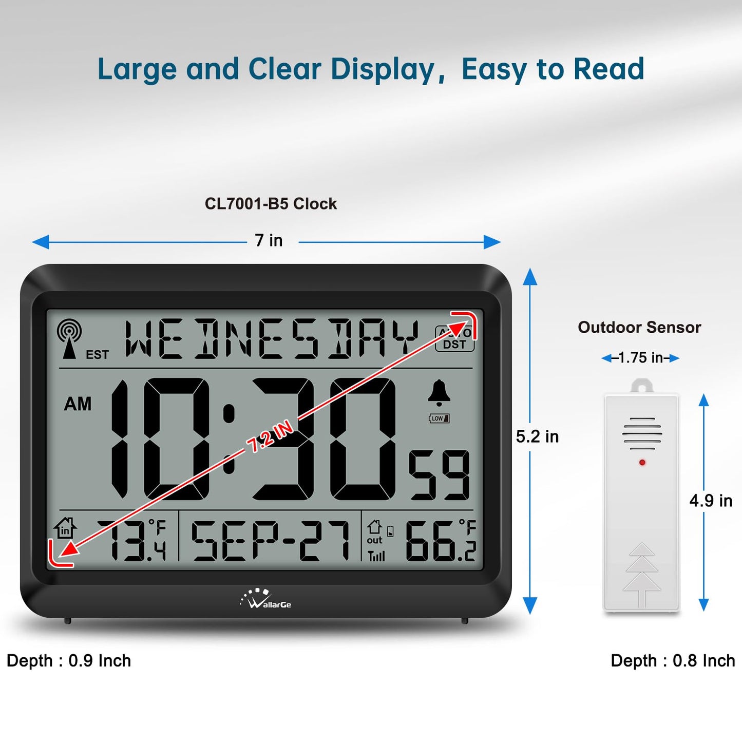 WallarGe Atomic Clock with Outdoor and Indoor Temperature - 12.5 Inch Self-Setting Digital Clock Large Display, Battery Operated Wall Clocks or Desk Clocks for Bedroom, Livingroom, Office