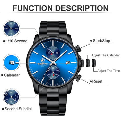 GOLDEN HOUR Fashion Businessmen's Watches with Stainless Steel Waterproof Chronograph Quartz Watch for Men, Auto Date